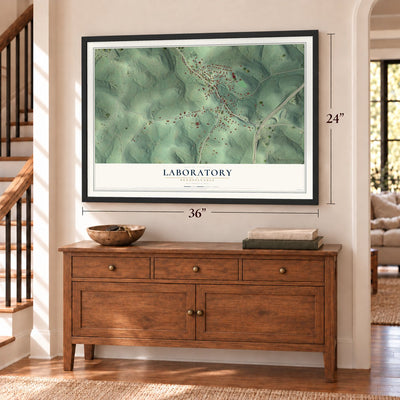 Laboratory, Pennsylvania map, 24 x 36 inch print in a black frame above a dresser by a staircase