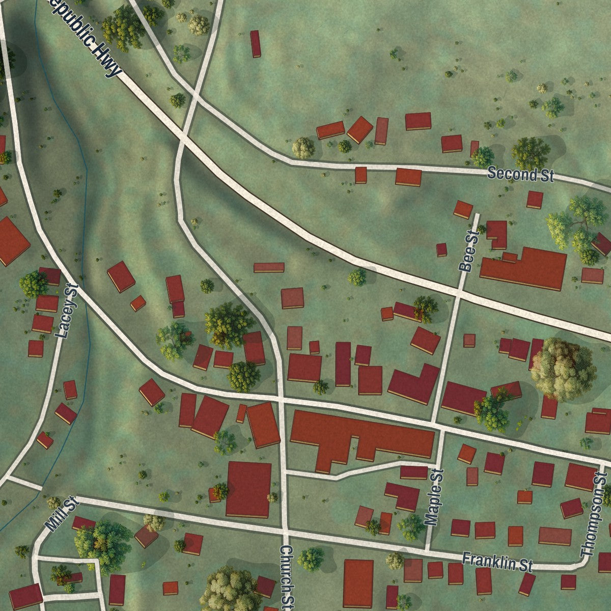 Close-up of the map of Laceyville, Pennsylvania print showing street and building detail