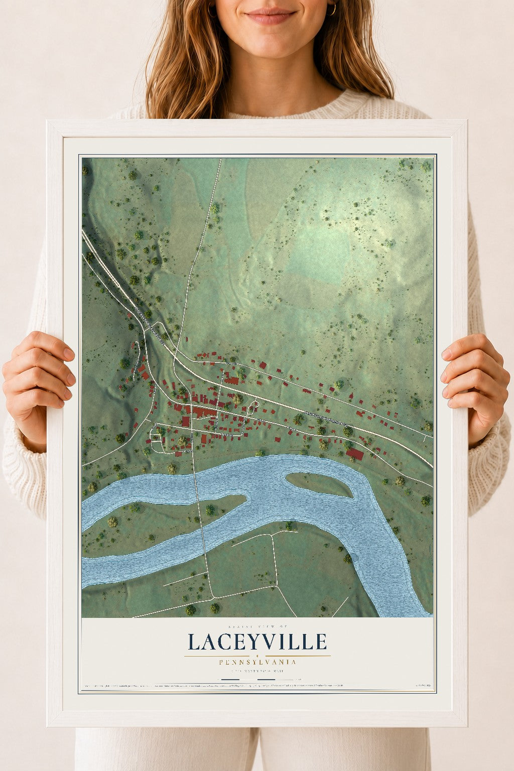 Map of Laceyville, Pennsylvania, 18 x 24 inch print in a white wood frame