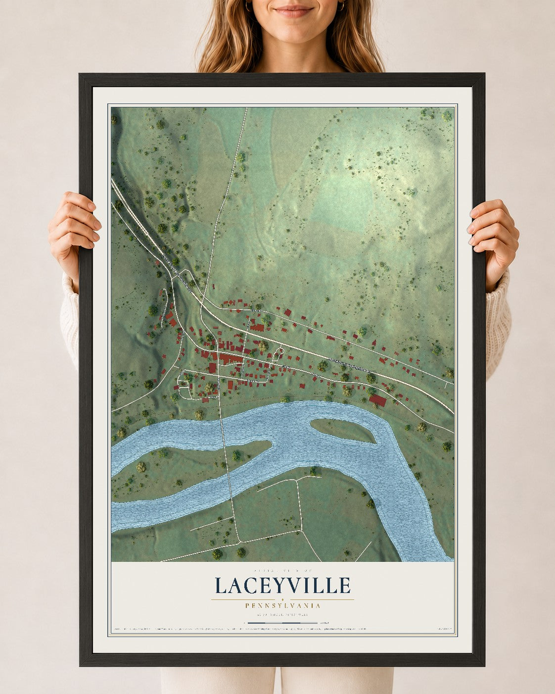 Map of Laceyville, Pennsylvania, 24 x 36 inch print in a black wood frame