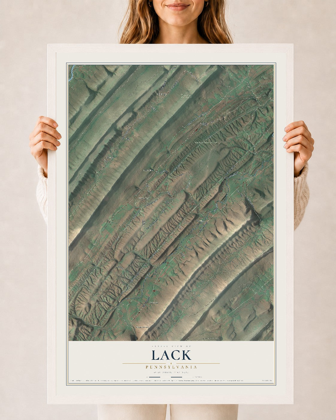 Map of Lack, Pennsylvania, 24 x 36 inch print in a white wood frame
