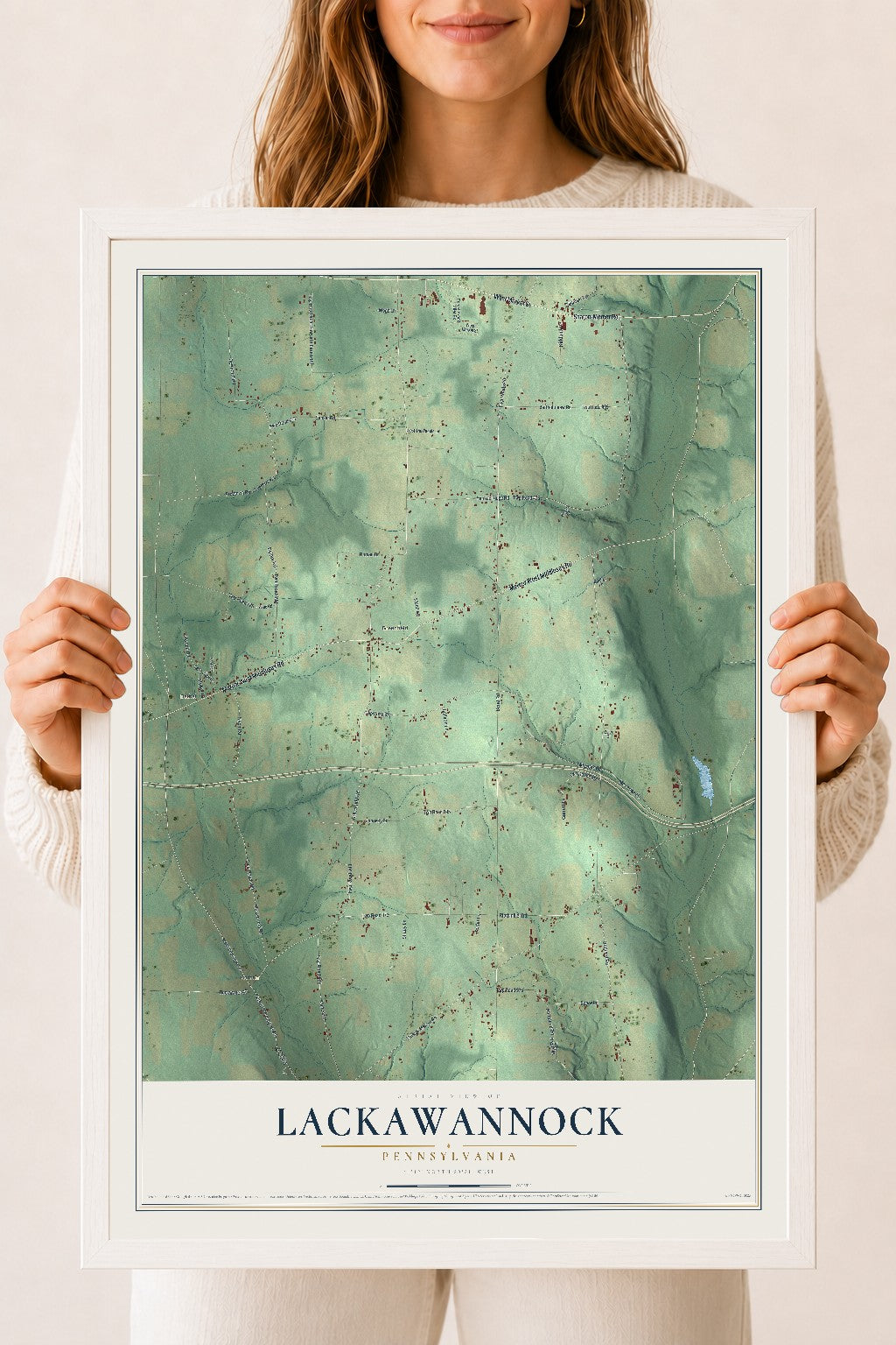 Map of Lackawannock, Pennsylvania, 18 x 24 inch print in a white wood frame