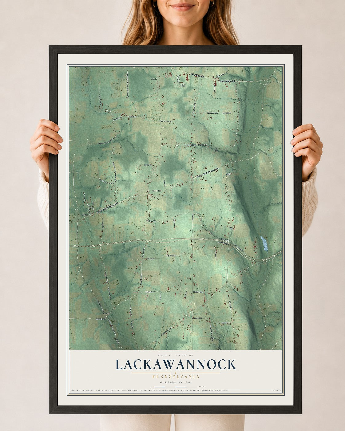 Map of Lackawannock, Pennsylvania, 24 x 36 inch print in a black wood frame