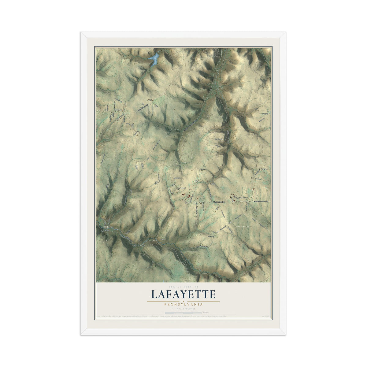 Map of Lafayette, Pennsylvania, 12 x 18 inch print in a white wood frame