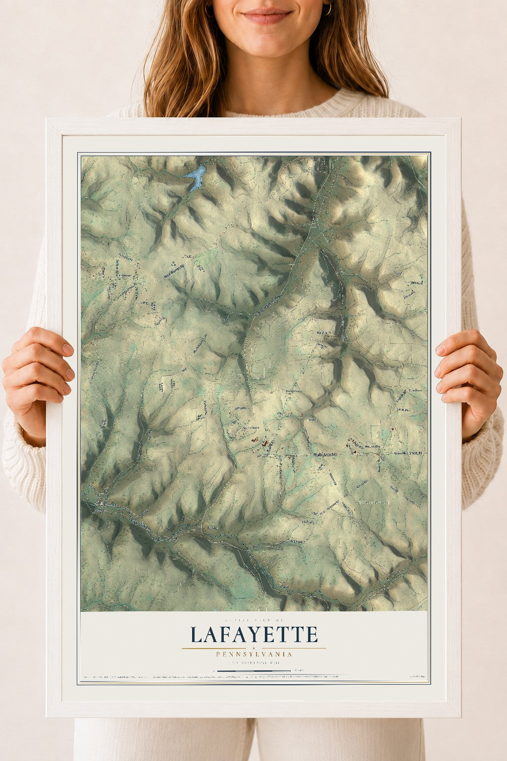 Map of Lafayette, Pennsylvania, 18 x 24 inch print in a white wood frame