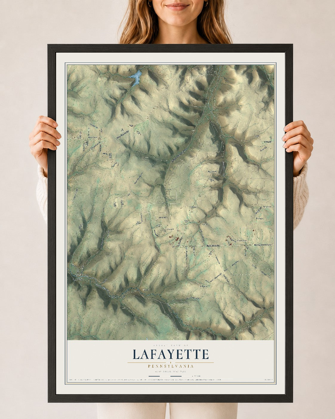 Map of Lafayette, Pennsylvania, 24 x 36 inch print in a black wood frame