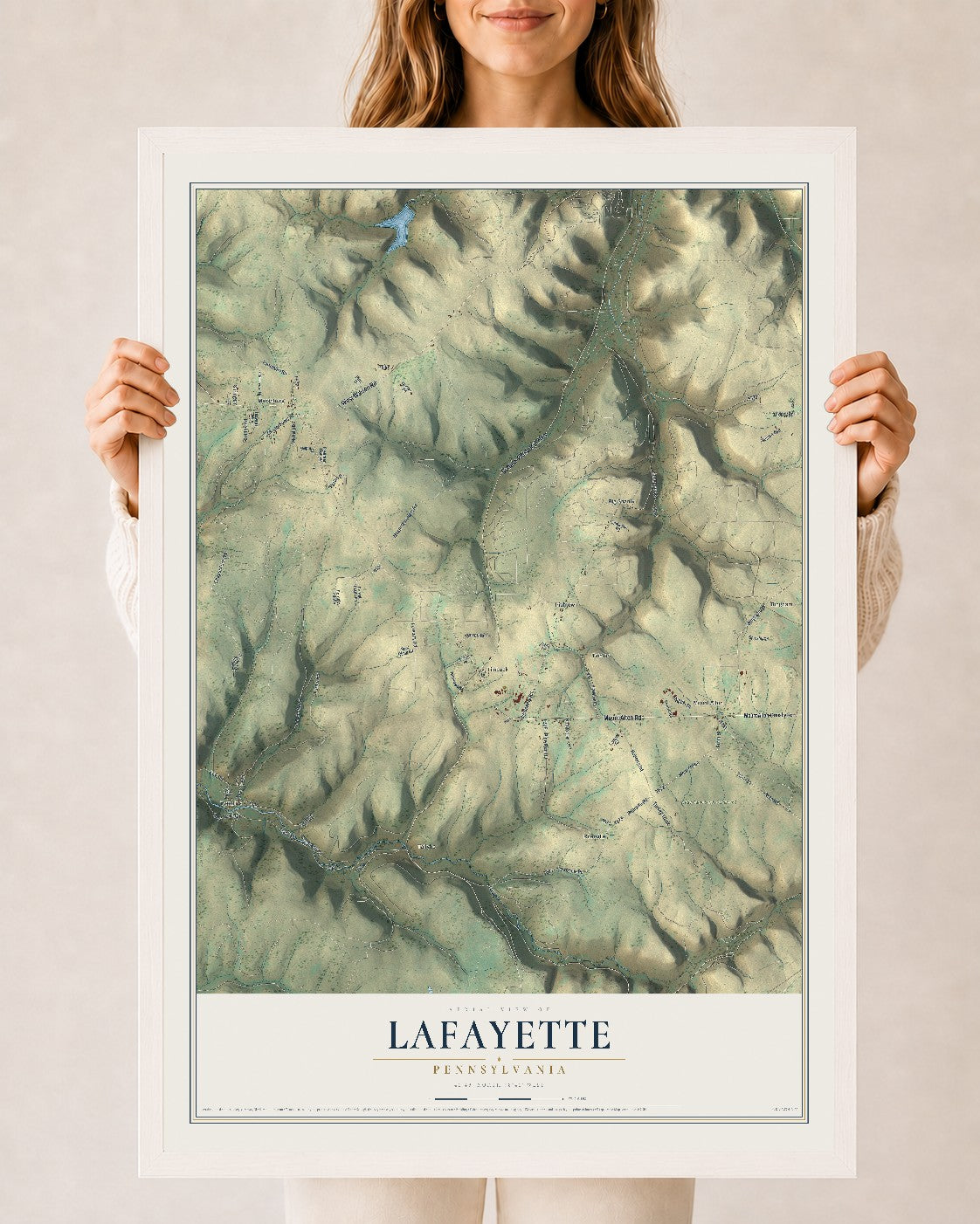 Map of Lafayette, Pennsylvania, 24 x 36 inch print in a white wood frame