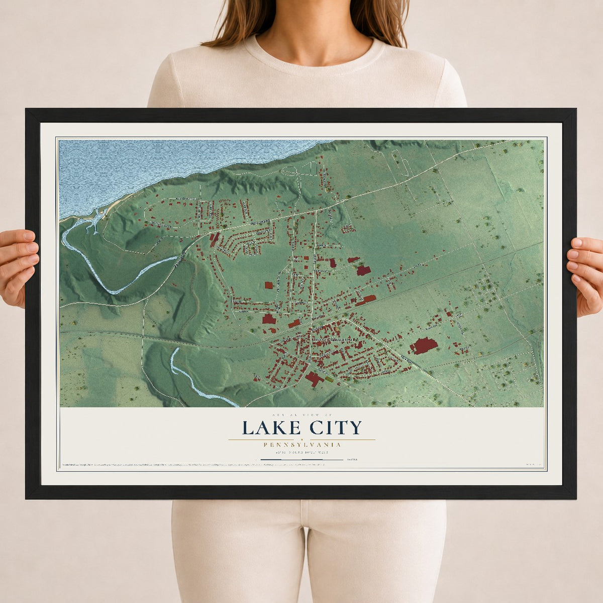 Map of Lake City, Pennsylvania, 18 x 24 inch print in a black wood frame