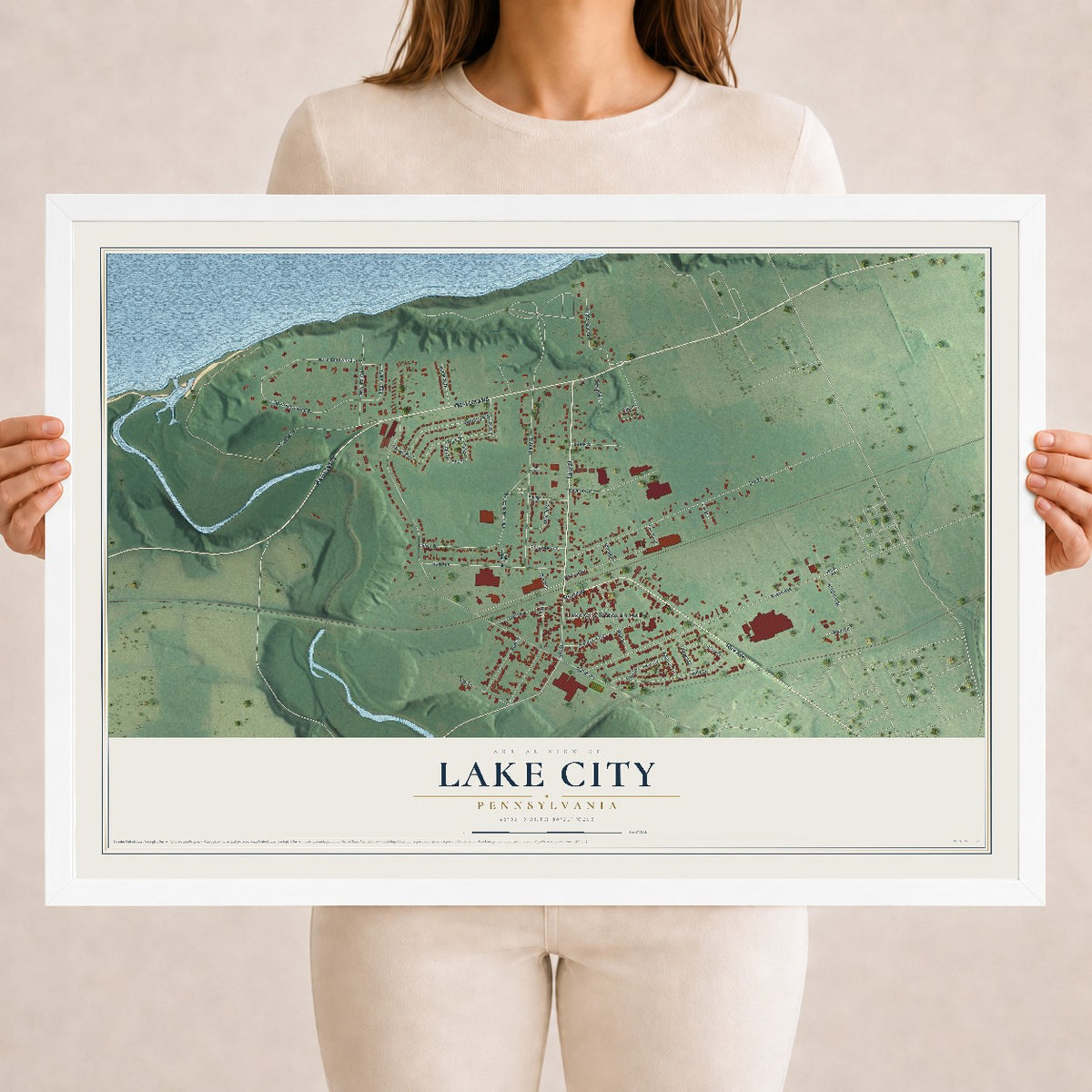 Map of Lake City, Pennsylvania, 18 x 24 inch print in a white wood frame
