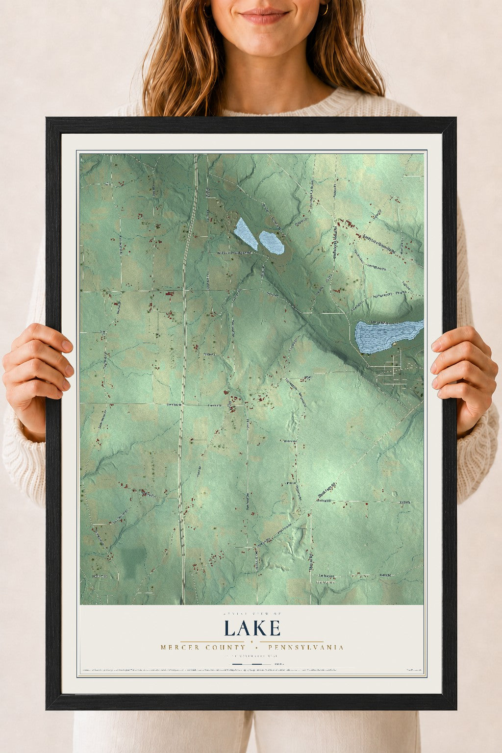 Map of Lake, Mercer County, Pennsylvania, 18 x 24 inch print in a black wood frame