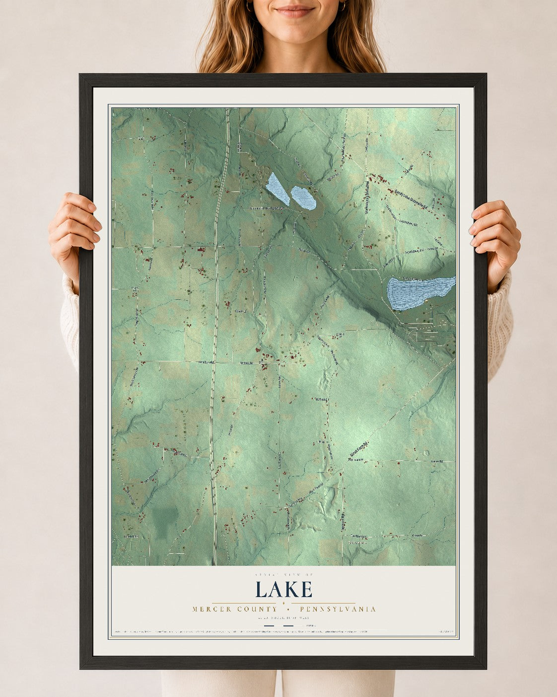Map of Lake, Mercer County, Pennsylvania, 24 x 36 inch print in a black wood frame