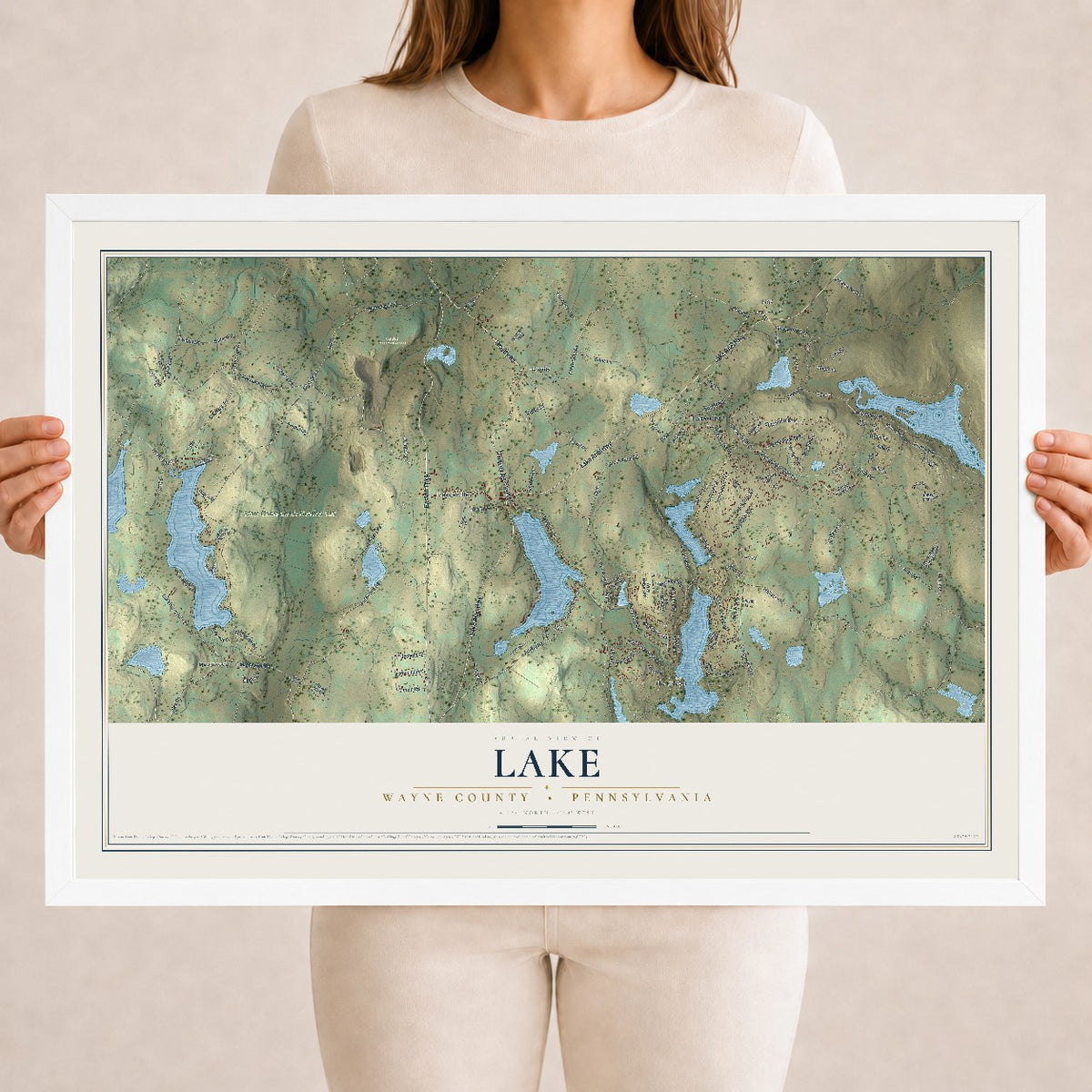 Map of Lake, Wayne County, Pennsylvania, 18 x 24 inch print in a white wood frame