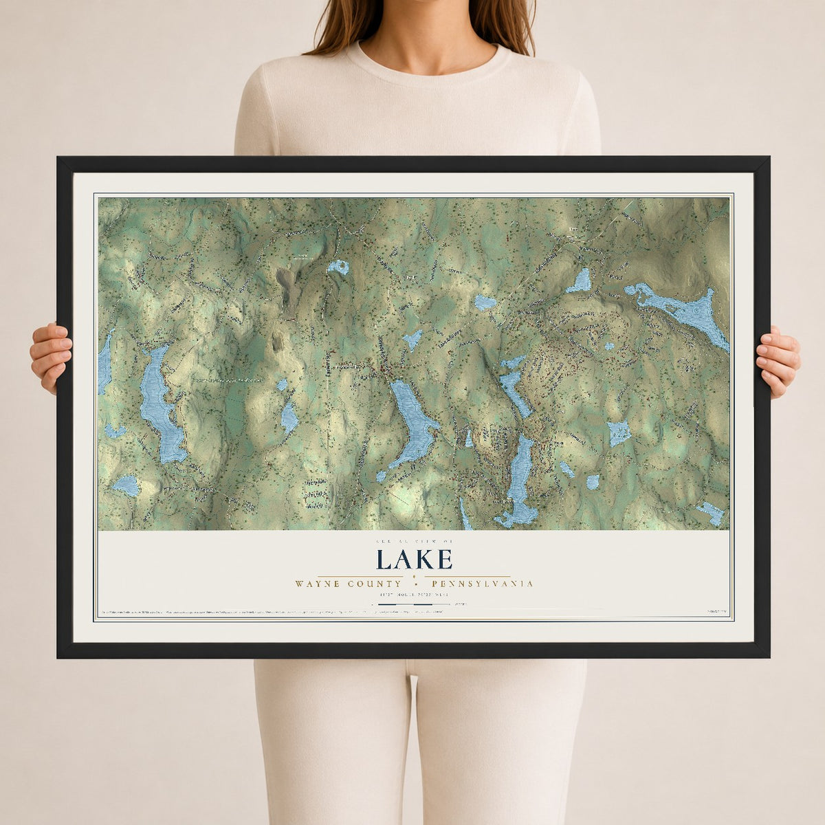 Map of Lake, Wayne County, Pennsylvania, 24 x 36 inch print in a black wood frame