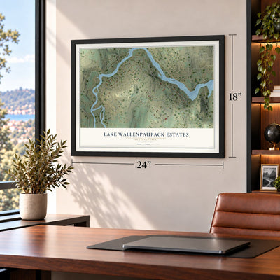 Lake Wallenpaupack Estates, Pennsylvania map, 18 x 24 inch print in a black frame in a home office