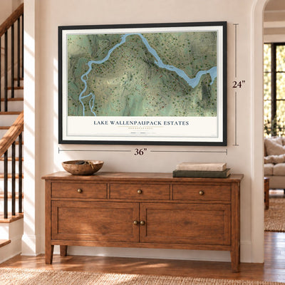 Lake Wallenpaupack Estates, Pennsylvania map, 24 x 36 inch print in a black frame above a dresser by a staircase