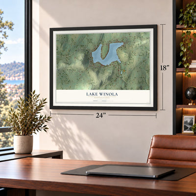Lake Winola, Pennsylvania map, 18 x 24 inch print in a black frame in a home office