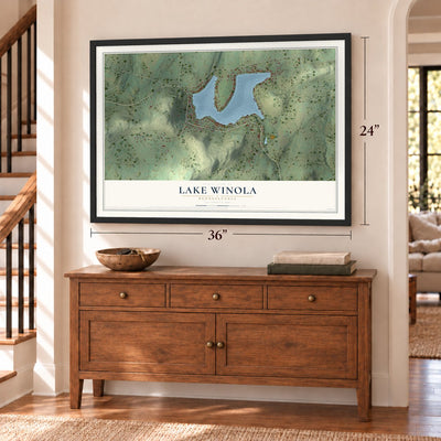 Lake Winola, Pennsylvania map, 24 x 36 inch print in a black frame above a dresser by a staircase