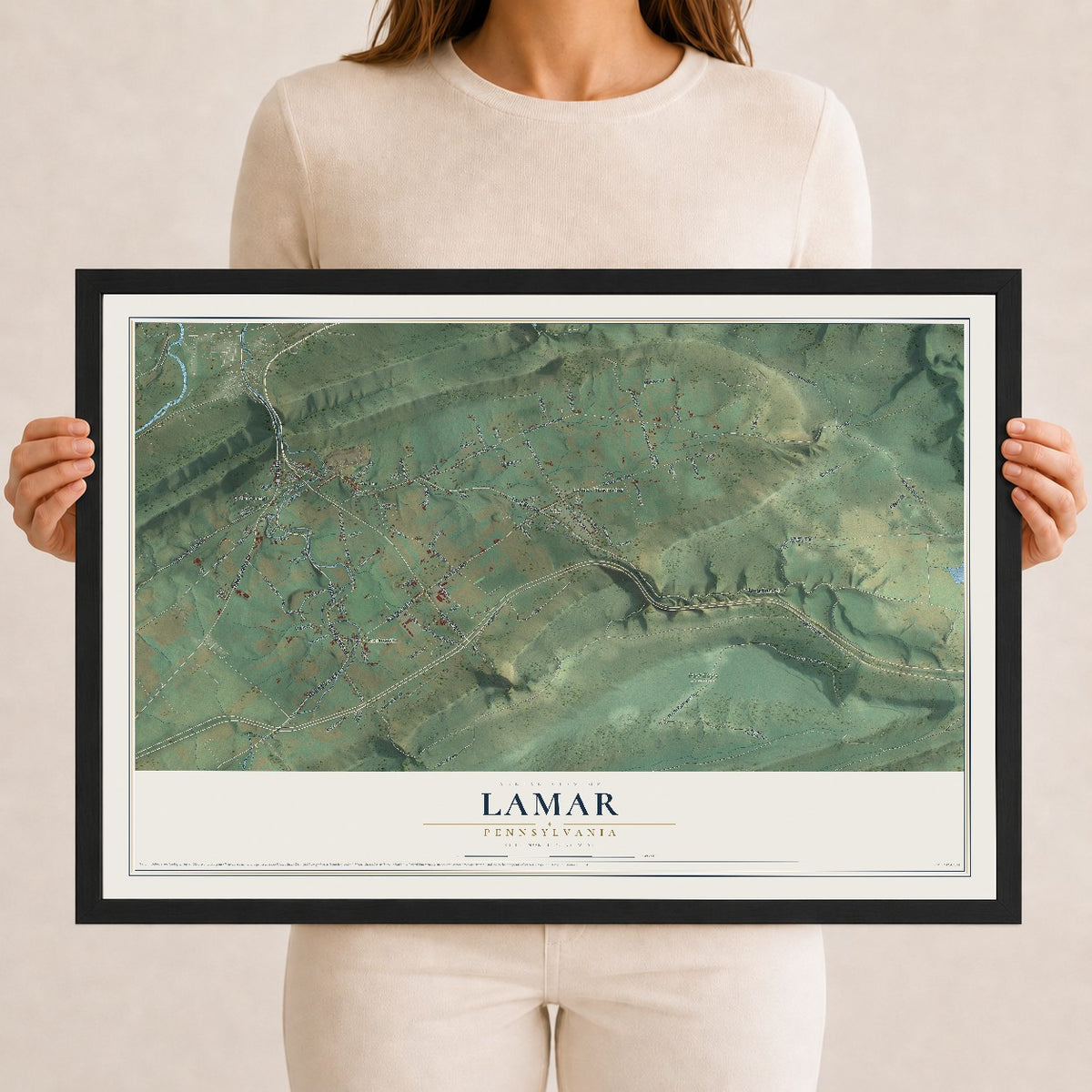 Map of Lamar, Pennsylvania, 12 x 18 inch print in a black wood frame