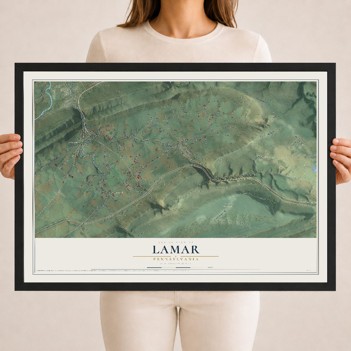 Map of Lamar, Pennsylvania, 18 x 24 inch print in a black wood frame