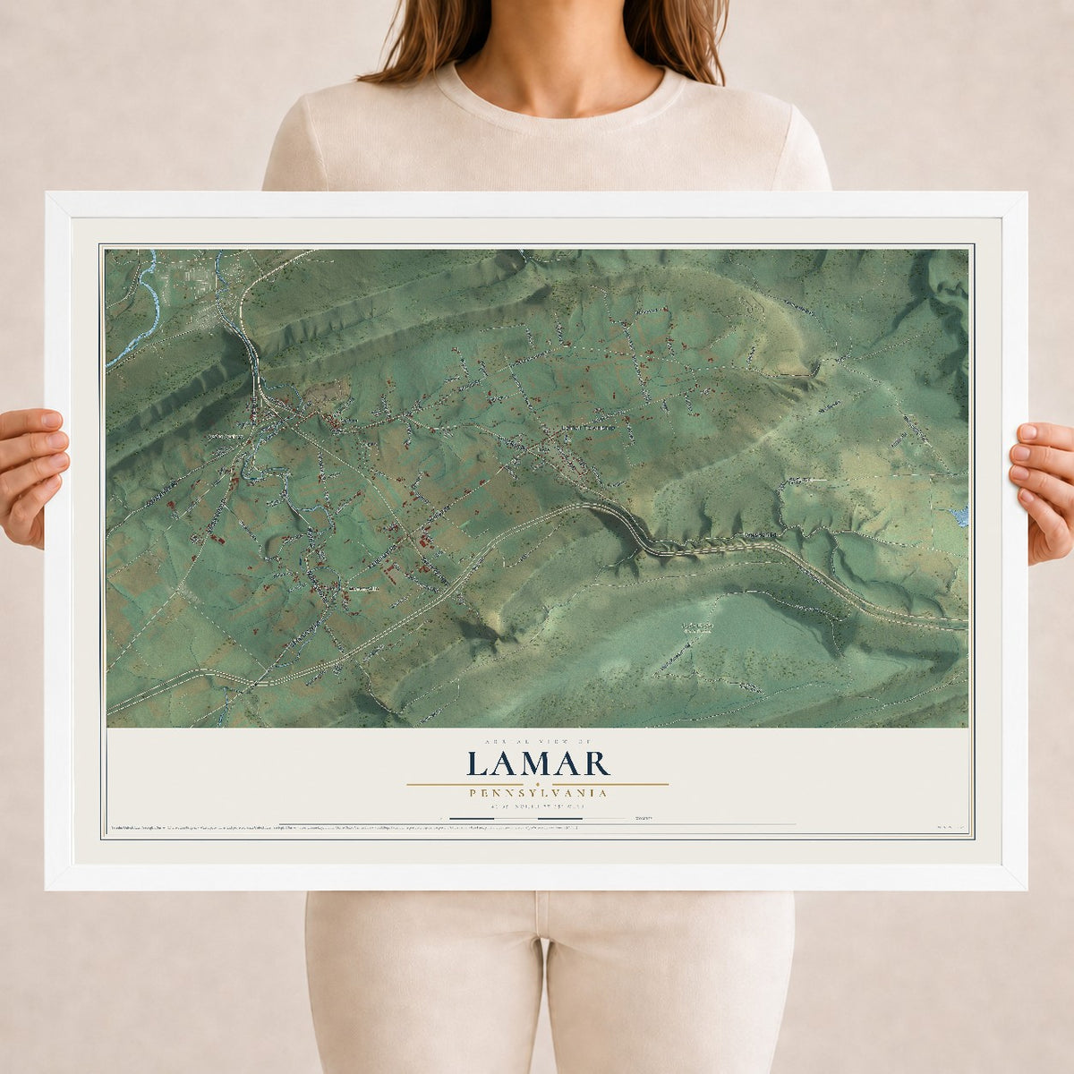 Map of Lamar, Pennsylvania, 18 x 24 inch print in a white wood frame