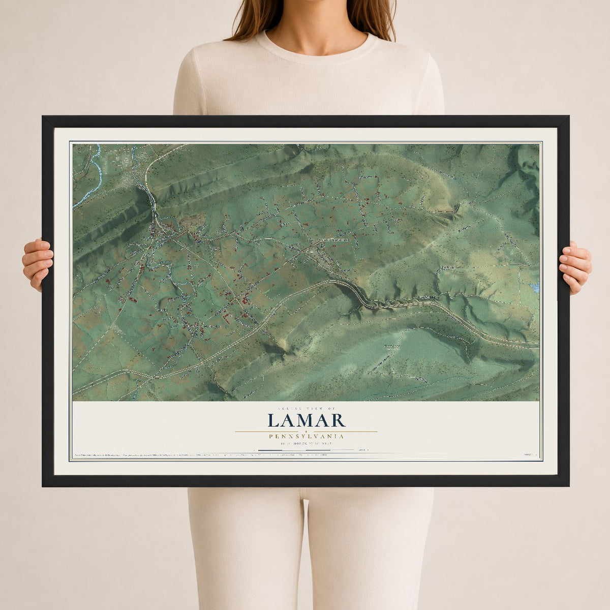 Map of Lamar, Pennsylvania, 24 x 36 inch print in a black wood frame