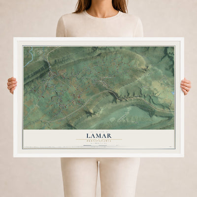 Map of Lamar, Pennsylvania, 24 x 36 inch print in a white wood frame