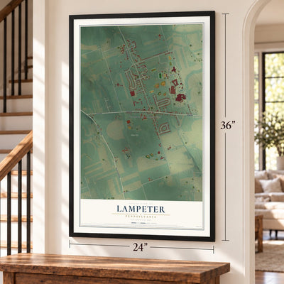 Lampeter, Pennsylvania map, 24 x 36 inch print in a black frame by a staircase