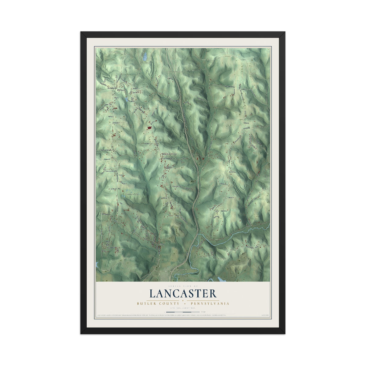 Map of Lancaster, Butler County, Pennsylvania, 12 x 18 inch print in a black wood frame