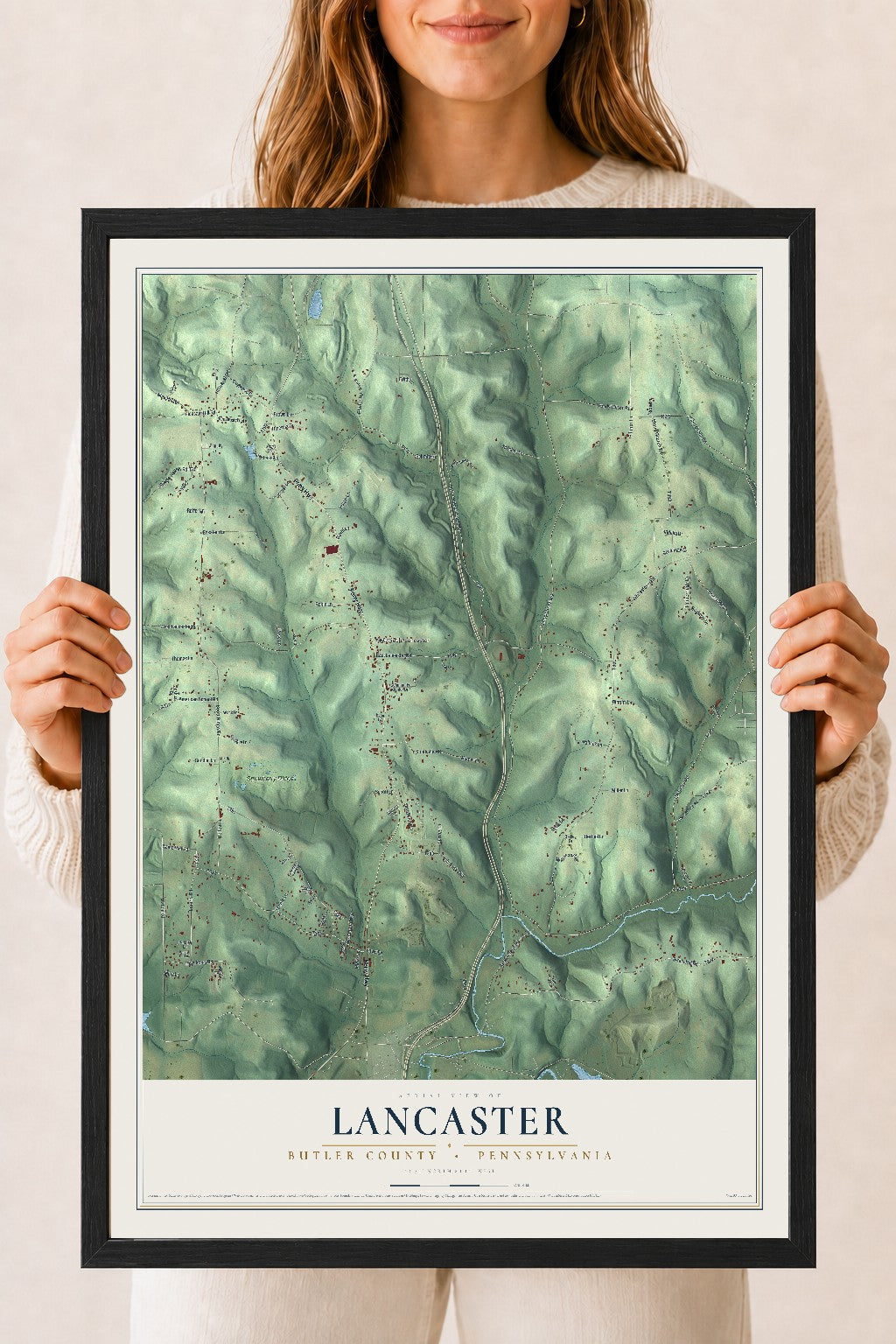 Map of Lancaster, Butler County, Pennsylvania, 18 x 24 inch print in a black wood frame