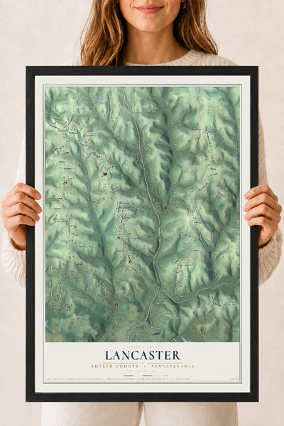 Map of Lancaster, Butler County, Pennsylvania, 18 x 24 inch print in a black wood frame