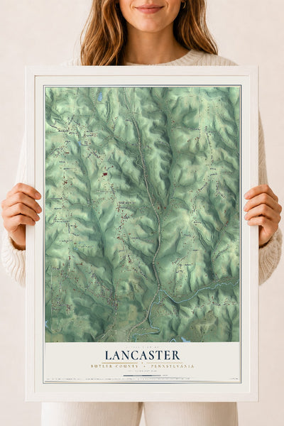 Map of Lancaster, Butler County, Pennsylvania, 18 x 24 inch print in a white wood frame