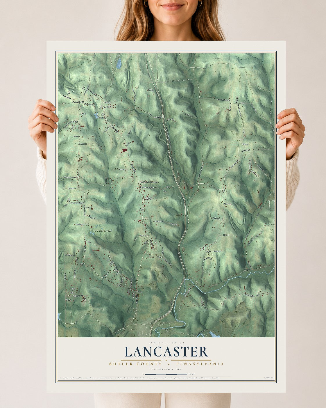 Map of Lancaster, Butler County, Pennsylvania, 24 x 36 inch unframed archival matte print
