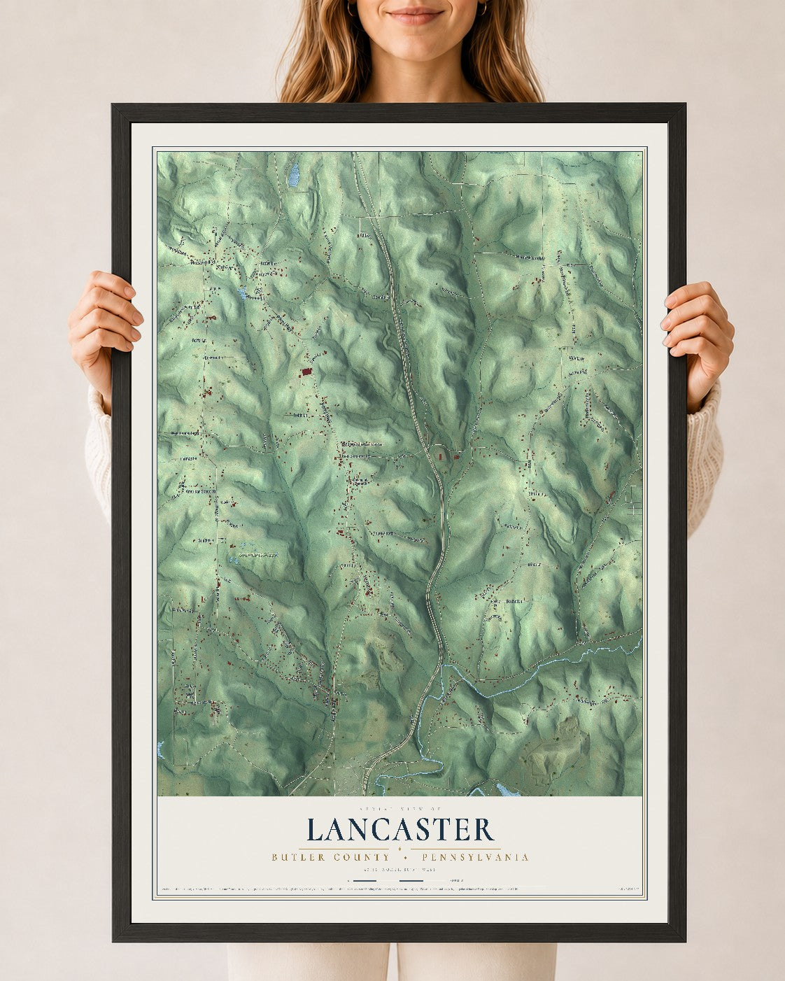 Map of Lancaster, Butler County, Pennsylvania, 24 x 36 inch print in a black wood frame