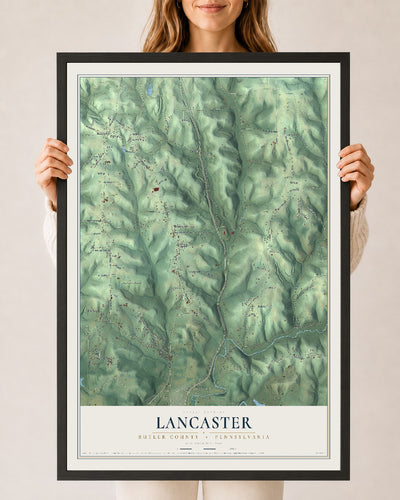 Map of Lancaster, Butler County, Pennsylvania, 24 x 36 inch print in a black wood frame