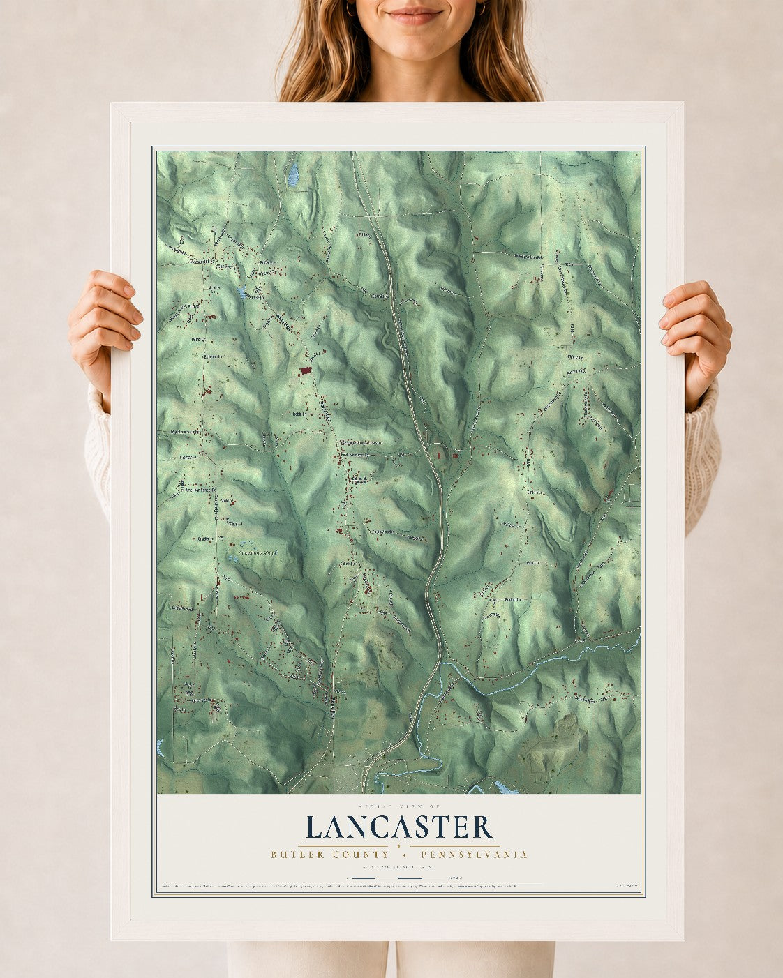 Map of Lancaster, Butler County, Pennsylvania, 24 x 36 inch print in a white wood frame