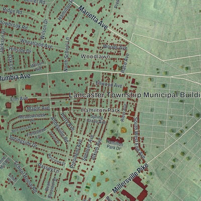 Close-up of the map of Lancaster, Lancaster County, Pennsylvania print showing street and building detail