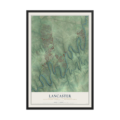 Map of Lancaster, Lancaster County, Pennsylvania, 12 x 18 inch print in a black wood frame