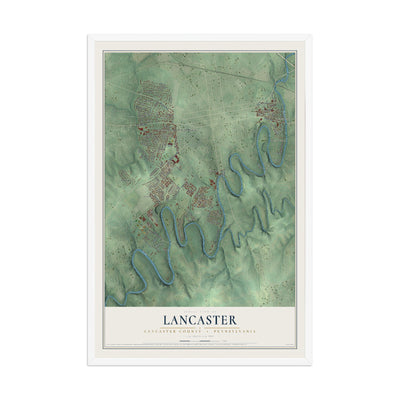 Map of Lancaster, Lancaster County, Pennsylvania, 12 x 18 inch print in a white wood frame