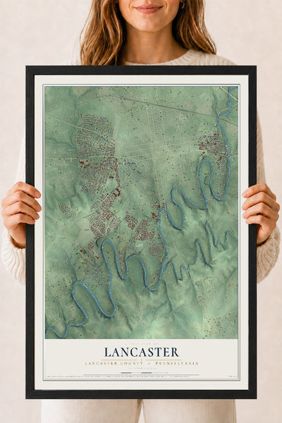 Map of Lancaster, Lancaster County, Pennsylvania, 18 x 24 inch print in a black wood frame
