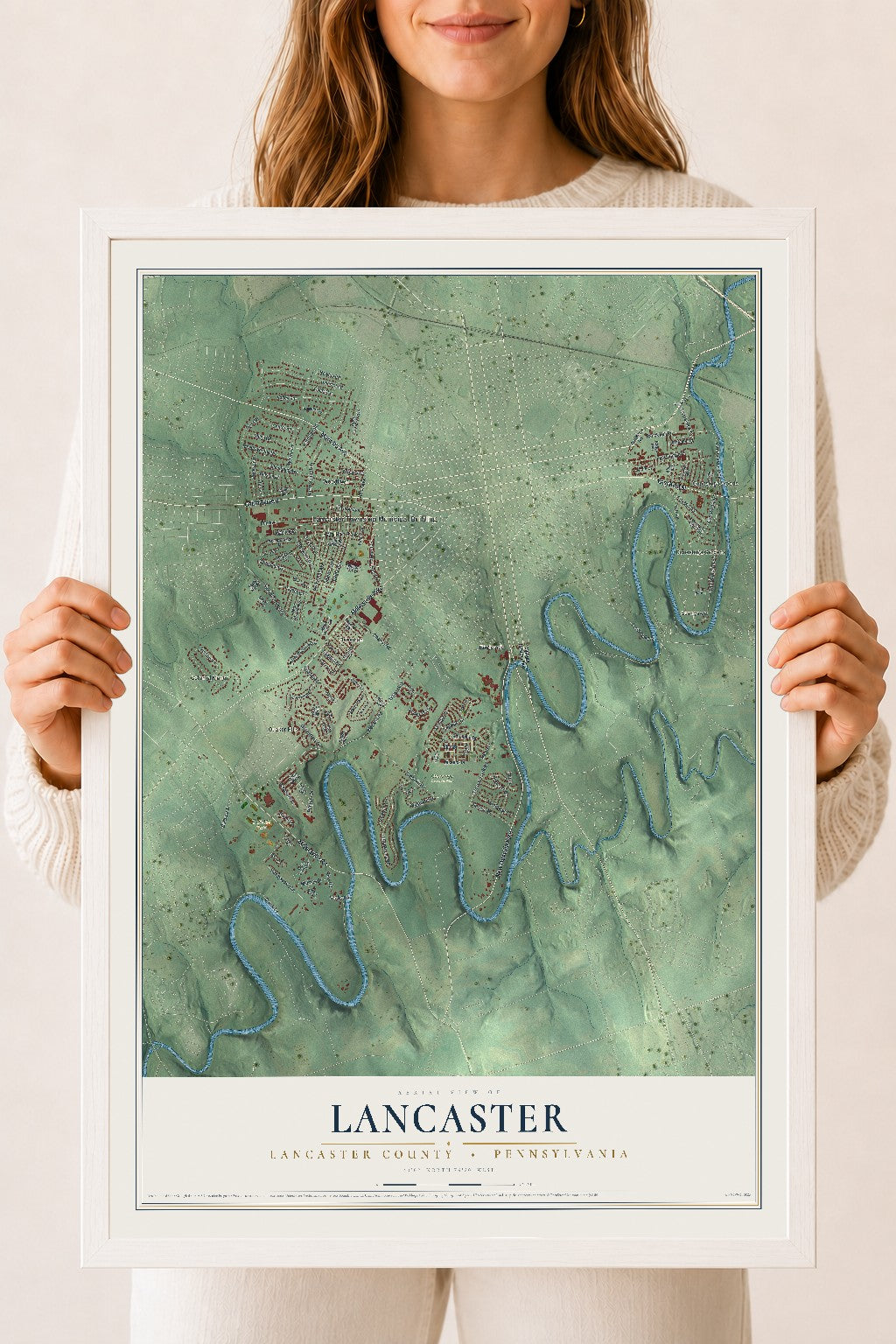 Map of Lancaster, Lancaster County, Pennsylvania, 18 x 24 inch print in a white wood frame