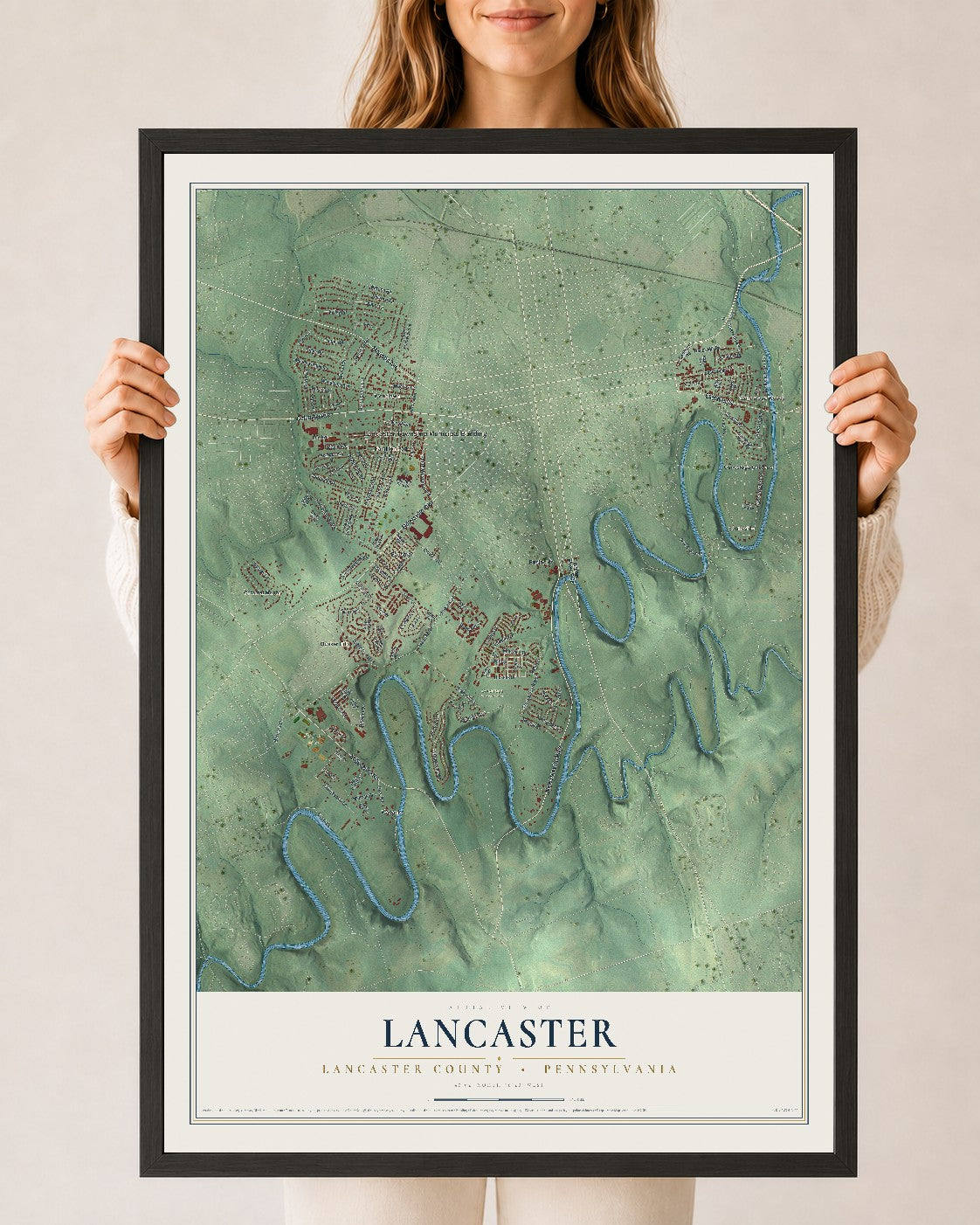 Map of Lancaster, Lancaster County, Pennsylvania, 24 x 36 inch print in a black wood frame