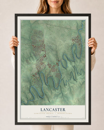 Map of Lancaster, Lancaster County, Pennsylvania, 24 x 36 inch print in a black wood frame