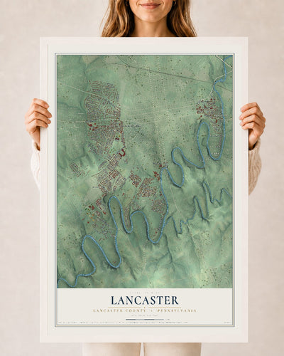 Map of Lancaster, Lancaster County, Pennsylvania, 24 x 36 inch print in a white wood frame