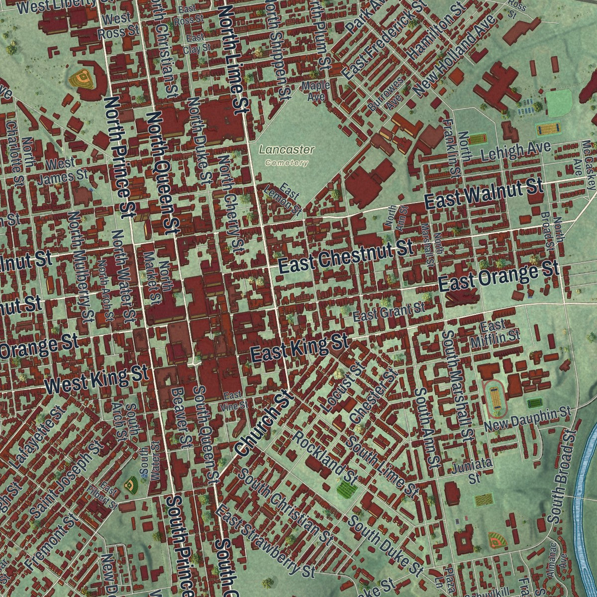 Close-up of the map of the City of Lancaster, Lancaster County, Pennsylvania print showing street and building detail