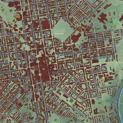 Close-up of the map of the City of Lancaster, Lancaster County, Pennsylvania print showing street and building detail