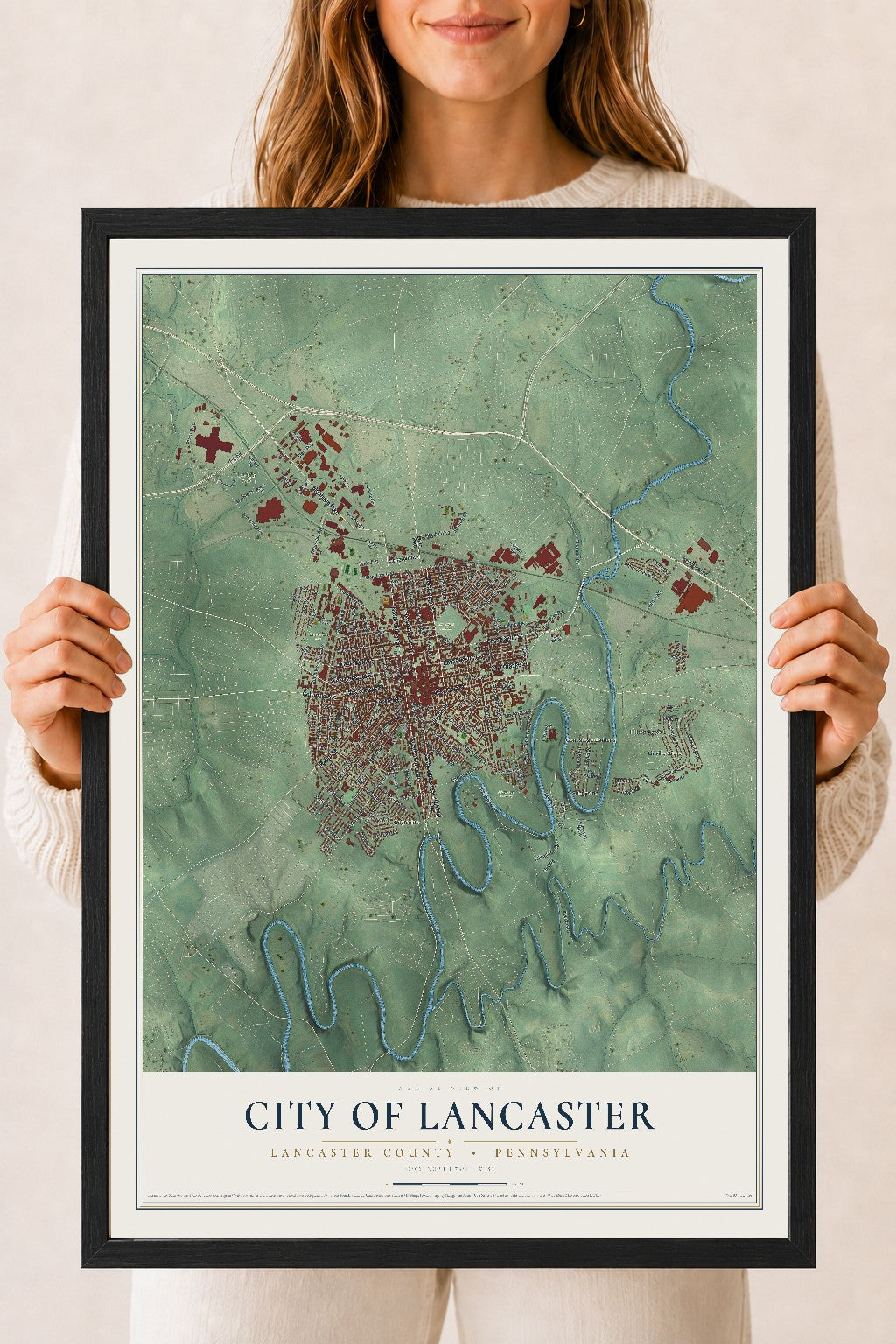 Map of the City of Lancaster, Lancaster County, Pennsylvania, 18 x 24 inch print in a black wood frame