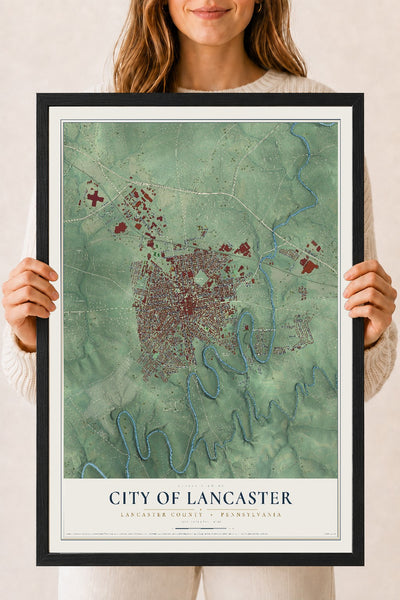 Map of the City of Lancaster, Lancaster County, Pennsylvania, 18 x 24 inch print in a black wood frame