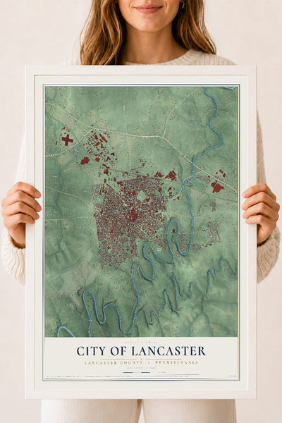 Map of the City of Lancaster, Lancaster County, Pennsylvania, 18 x 24 inch print in a white wood frame