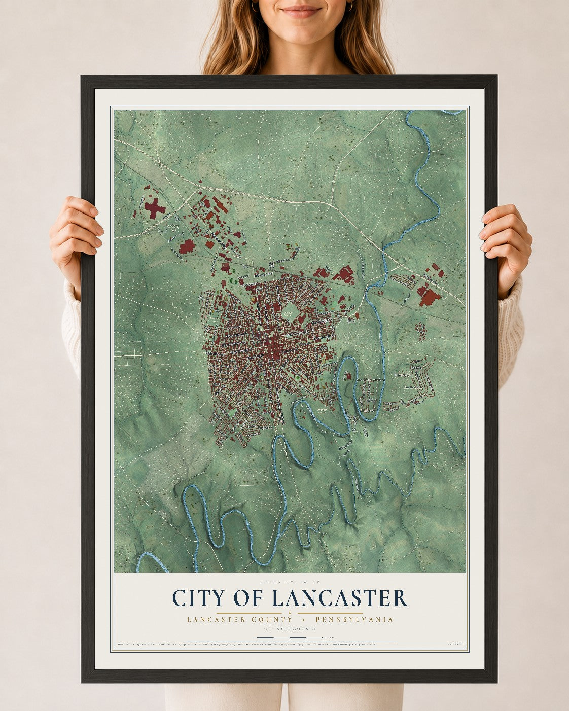 Map of the City of Lancaster, Lancaster County, Pennsylvania, 24 x 36 inch print in a black wood frame