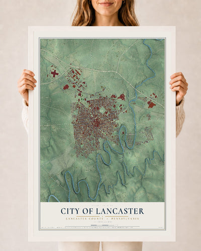 Map of the City of Lancaster, Lancaster County, Pennsylvania, 24 x 36 inch print in a white wood frame